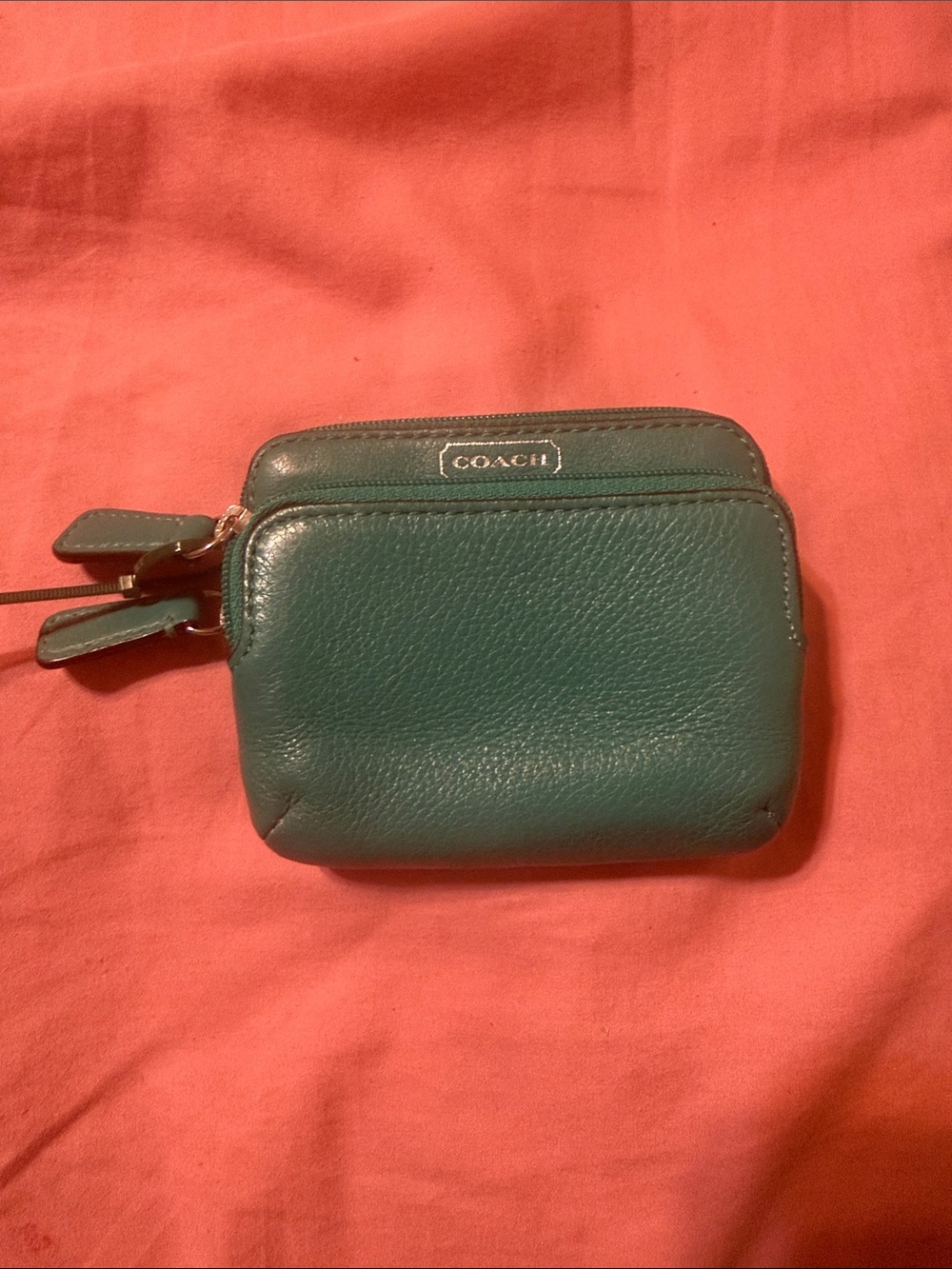 Coach Teal Pebbled Leather Double-Zip Coin Pouch